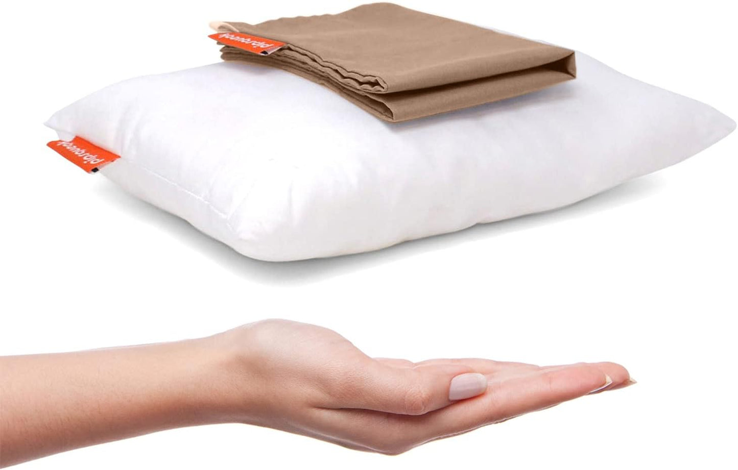 Pipsqueak Small | Tiny | Mini Pillow with Name Tag - 11in x 7in x 2.5in - Machine Washable - White Pillow with Khaki Case