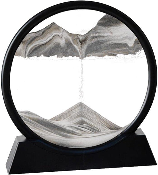 Moving Sand Art Picture in Motion Round Glass 3D Deep Sea Landscape, Dynamic Sand Art Sandscapes, Sensory Relaxing Desktop Table Decor Desk Decor Art Desk (12 inch, Black)