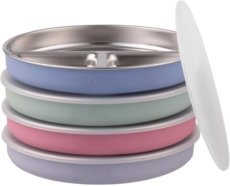 Stainless Steel Divided Plates + Silicone Sleeve and Storage Lid | Baby, Toddler, Kids | Dinner & Snack Plates | 4 Pack