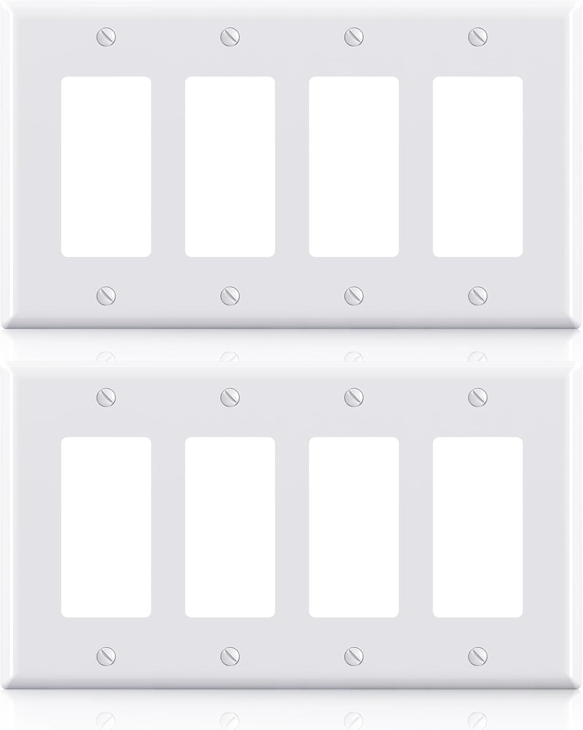 ELEGRP 4-Gang Decorative Wall Plates, Mid-Size 4.88" H x 8.57" L Unbreakable Thermoplastic Faceplate Cover for Decorator Receptacle Outlet Switch, UL Listed (2 Pack, Glossy White)