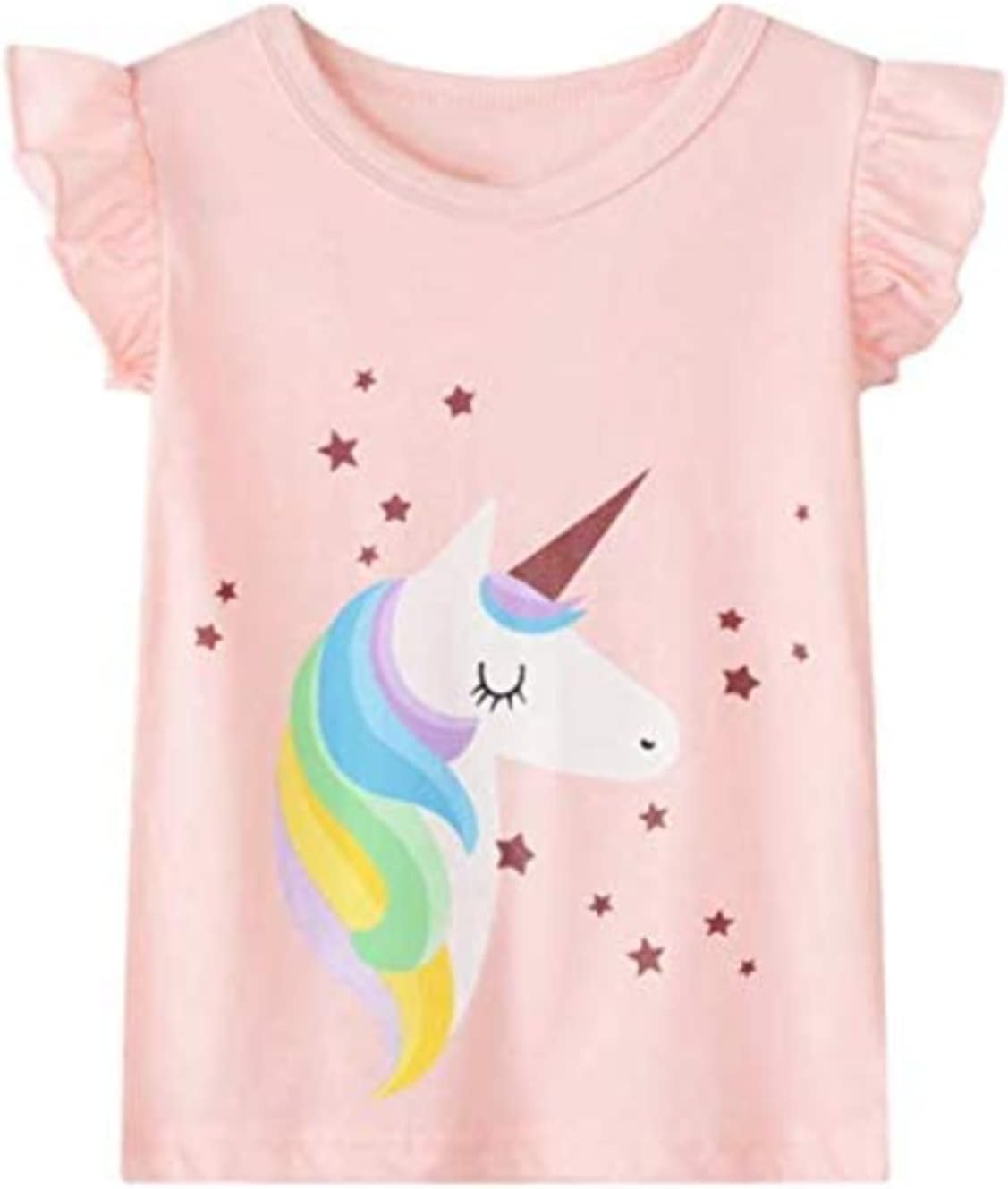 HILEELANG Girls' Tees Ruffle Short Sleeve T-Shirt Cotton Casual Graphic Summer Crewneck Tunic Tops