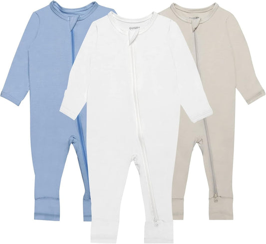 GUISBY Baby Pajamas with Mitten Cuffs - 3Pcs Girls Boys 2 Way Zipper Long Sleeve Rayon Sleepers