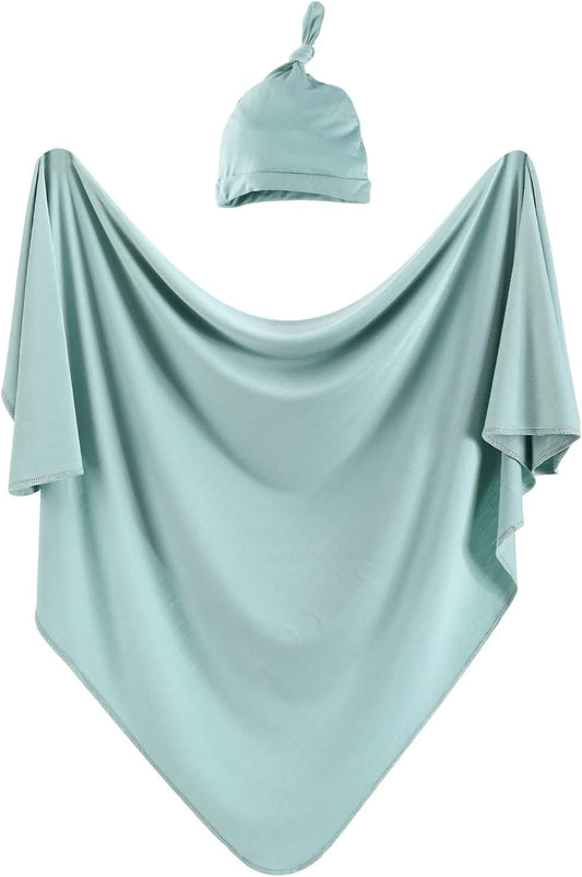 iEvolve Cotton Knitted Baby Swaddle Blanket with Hat Headband Set Newborn Swaddle Wrap Receiving Blankets for Baby Girl Boy 45" x 45"(LightGreen)
