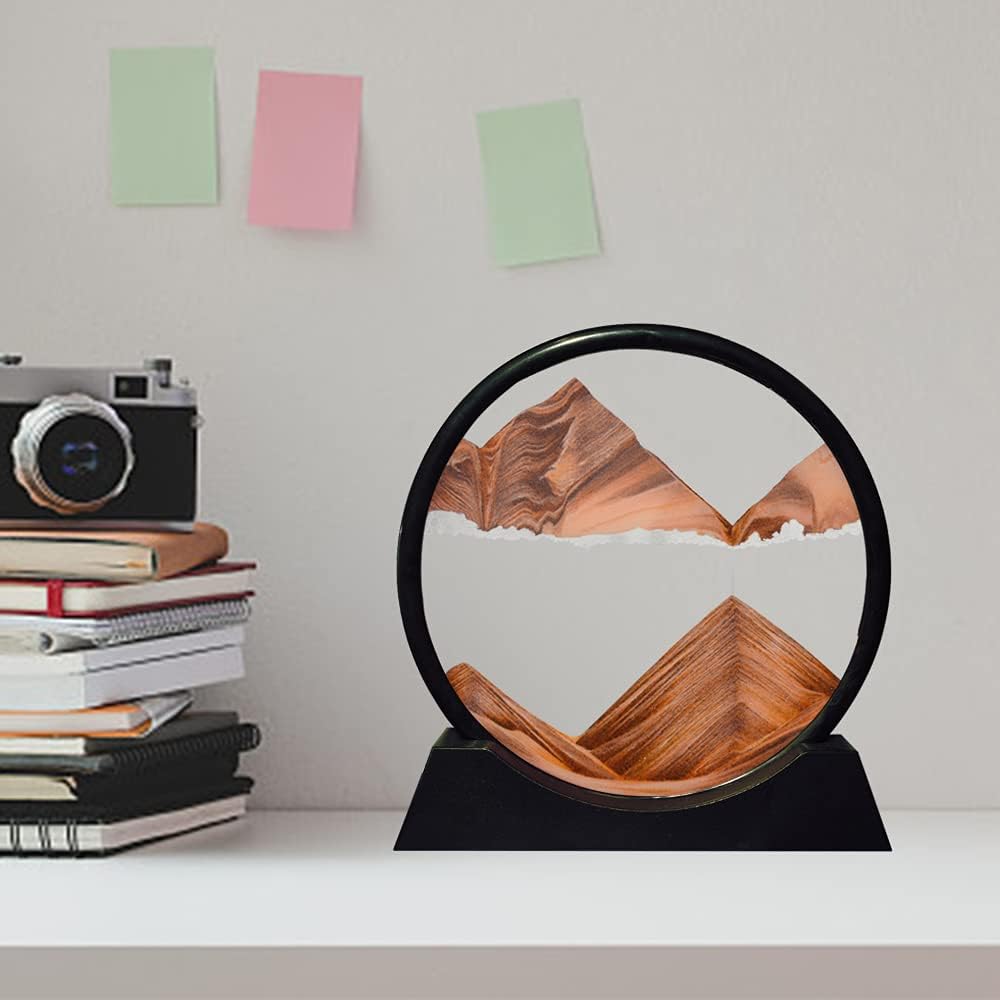 Aoderun Moving Sand Art Picture Round Glass 3D Deep Sea Sandscape in Motion Display Flowing Sand Frame Relaxing Desktop Home Office Work Decor (7", Orange)