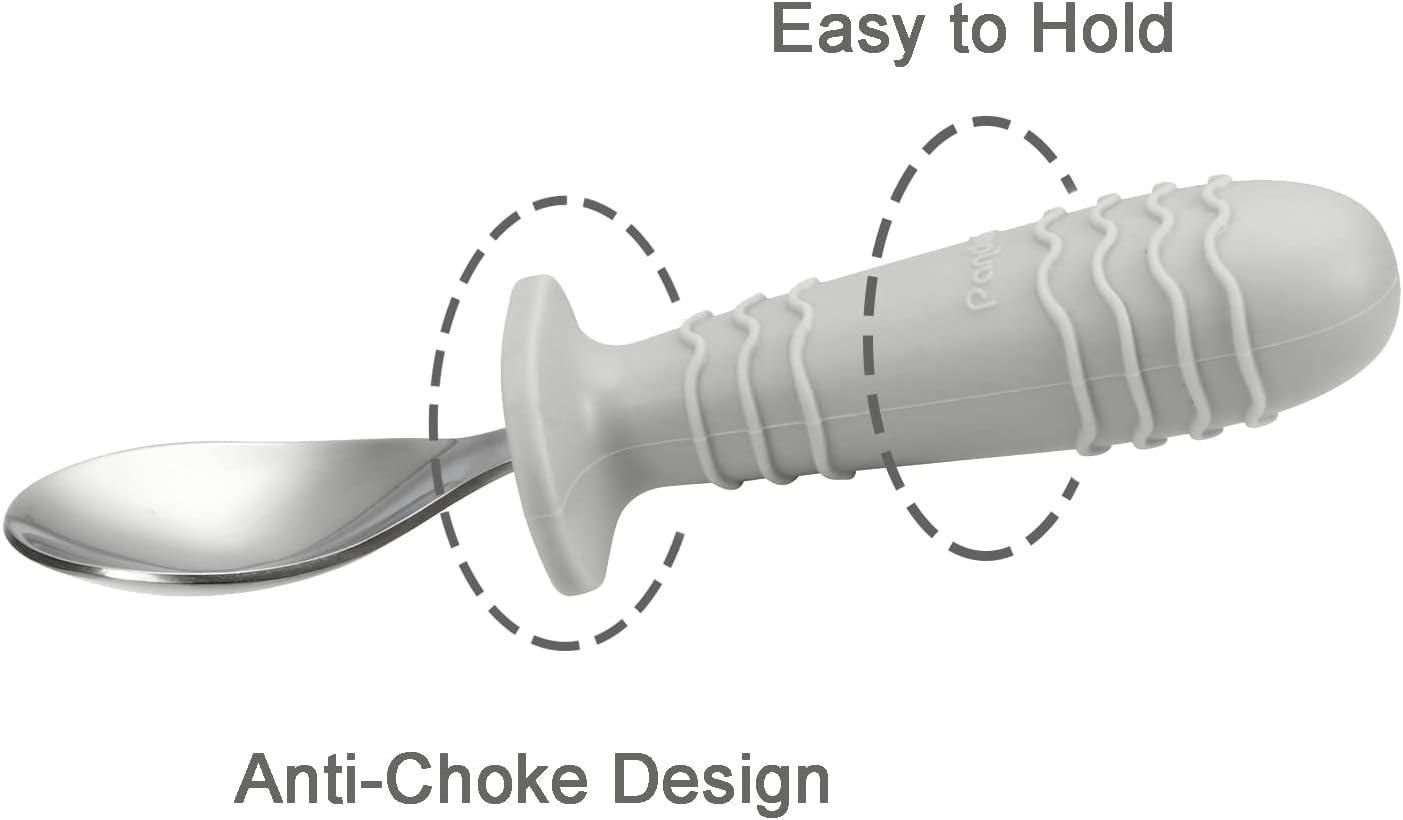 PandaEar 4 Set Baby Toddler Silicone Stainless Steel Utensils Silverware Spoon Fork for Baby Toddler BPA Free with Silicone Holding Anti-Choke Design (Blue&Grey)