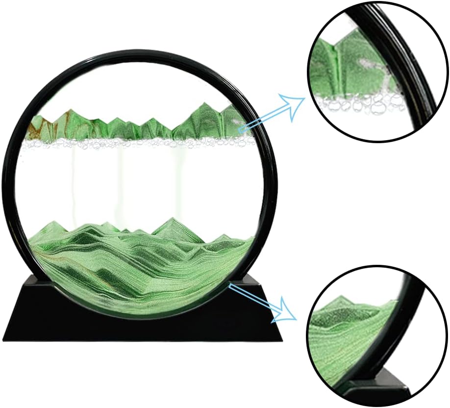 Aoderun Moving Sand Art Picture Round Glass 3D Deep Sea Sandscape in Motion Display Flowing Sand Frame Relaxing Desktop Home Office Work Decor (12", Green)