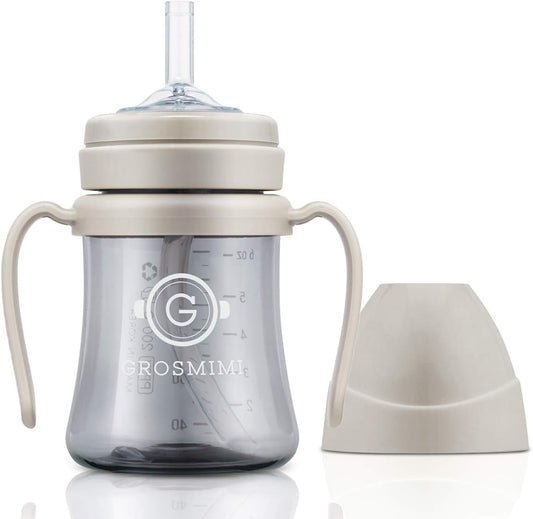 GROSMIMI Spill Proof no Spill Magic Sippy Cup with Straw with Handle for Baby and Toddlers, Customizable, PPSU, BPA Free 6 oz (Beige)