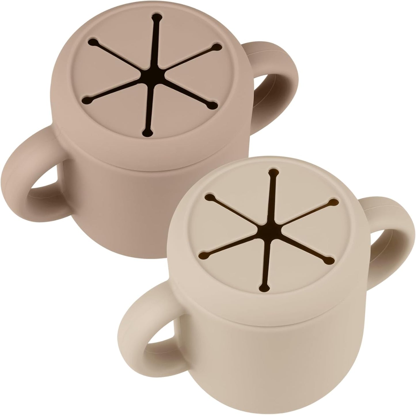 Snack Containers, Silicone Snack Cups for 6-12 Months Toddlers - Pack of 2 Food Grade Silicone Snack Cups with Grip Handle for Baby Led Weaning, Unbreakable (Sand/Natural)