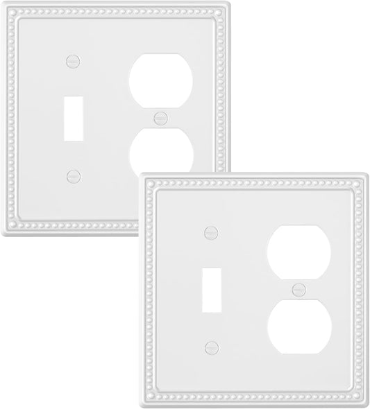 2-Pack Combo Toggle/Duplex Light Switch Cover Plate, Pure White Metal Wall Outlet Cover Plate, Decorative Classic Beaded Wall Socket Receptacle Cover for Electrical Outlets, Light Switch