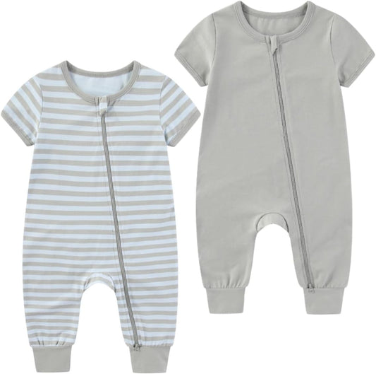 2 Pack Unisex Baby Short Sleeve Rompers 2 Way Zipper New Born One-Piece Jumpsuits 0-24Months Infant Outfits