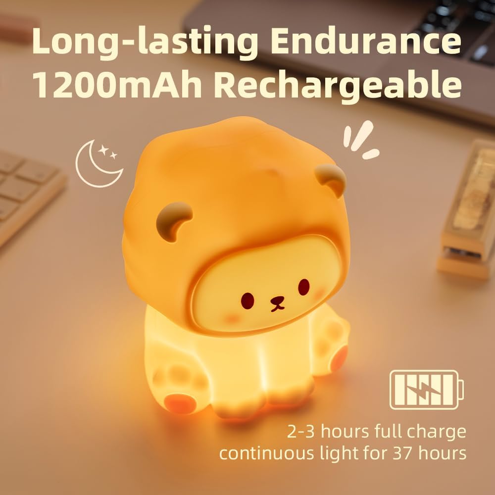Cute Lion Night Light for Kids, Rechargeable Nursery Lamp with Timer, 3 Brightness Levels & Warm Light, Soft Silicone Baby Night Light, Tap Control, Gift for Toddlers
