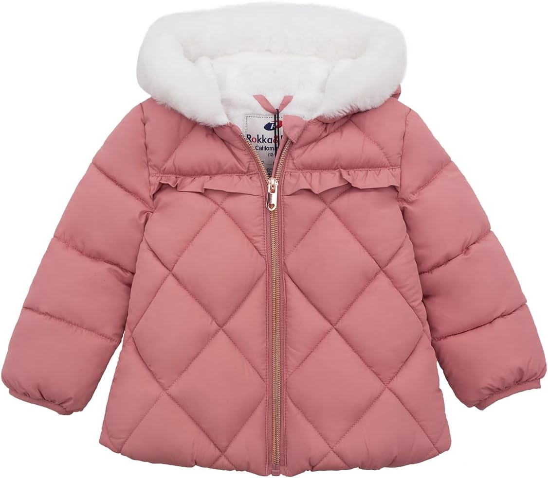 Rokka&Rolla Baby Girls' Water-Resistant Puffer Jacket Hooded Winter Coat with Soft Mini Fur Lining for Newborn Infant Toddler