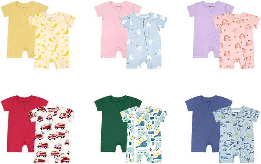 Teach Leanbh Baby Boys Girls 2 Pack Bamboo Viscose Pajamas 2 Way Zipper Short Sleeve Romper Jumpsuit Sleep and Play