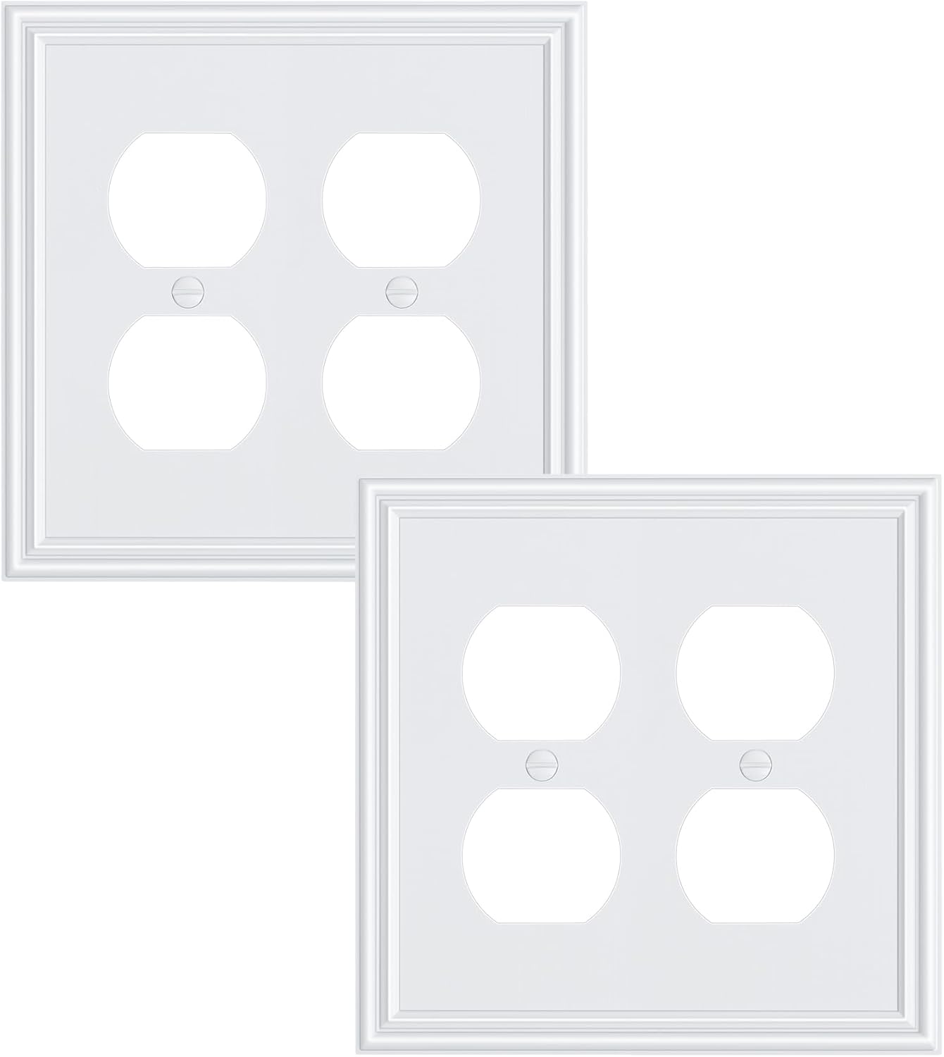 2-Pack Double Duplex Outlet Cover, Pure White Decorative Switch Plates and Outlet Covers for Electrical Outlets, Durable Zinc Alloy Wall Plates, 2 Gang Receptacle Cover, Corrosion Resistant