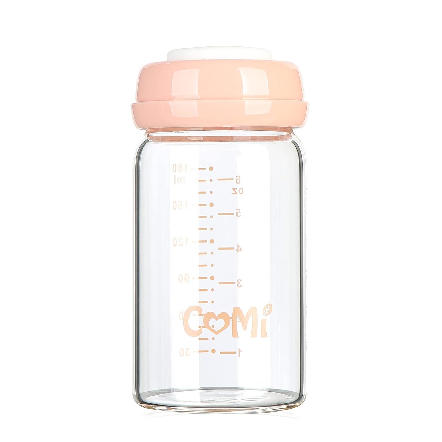 COMI Wide Neck Glass Breastmilk Collection n Storage Bottle, 6oz with Screw Ring Sealing Disk; Re-markable Sealing Disc. BPA Free, Fits Breast Pumps & Nipples (Pink Lids)