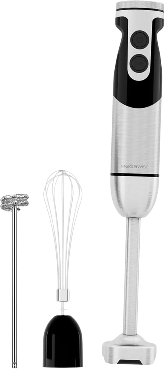 MegaWise Stainless Steel Titanium Reinforced 3-in-1 Immersion Hand Blender, Powerful with 80% Sharper Blades, 12-Speed Corded Blender, Including Whisk and Milk Frother (3-in 1 Black)