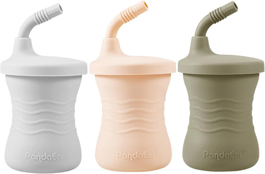 PandaEar Silicone Training Cup, 3 Pack Baby Drinking Sippy Cups with Straw for Baby and Toddler 6 Months+ (Brown/Pink/Gray)