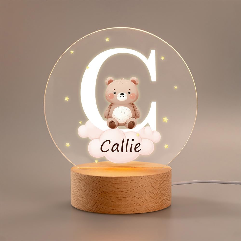 Personalized LED Night Light - Star Cloud Forest Animal Theme with Wooden Base