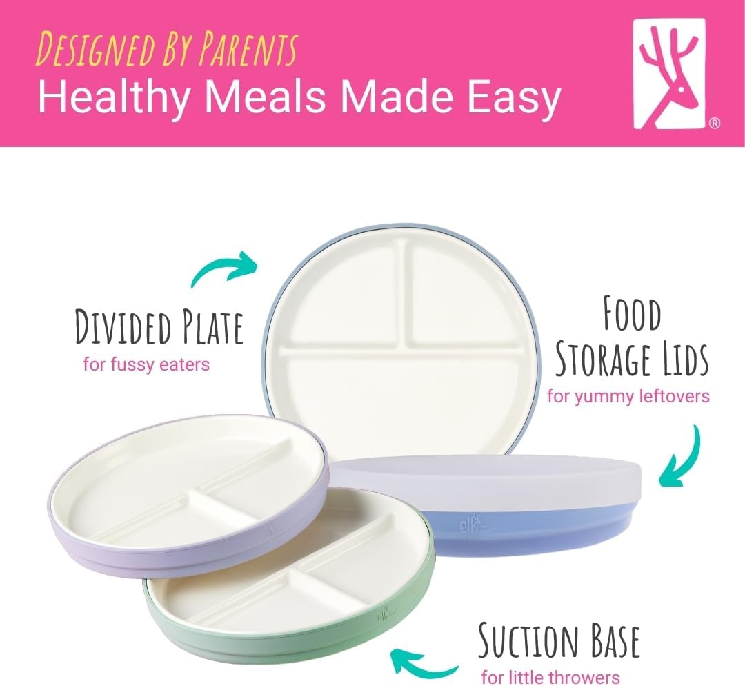 Elk and Friends Kids 6.7” Porcelain Divided Plates with Silicone Suction Sleeves + Silicone Lids | Suitable for Babies/Kids/Toddlers | Microwave & Dishwasher Safe | Non Slip | Snack Dishes | 4 Pack