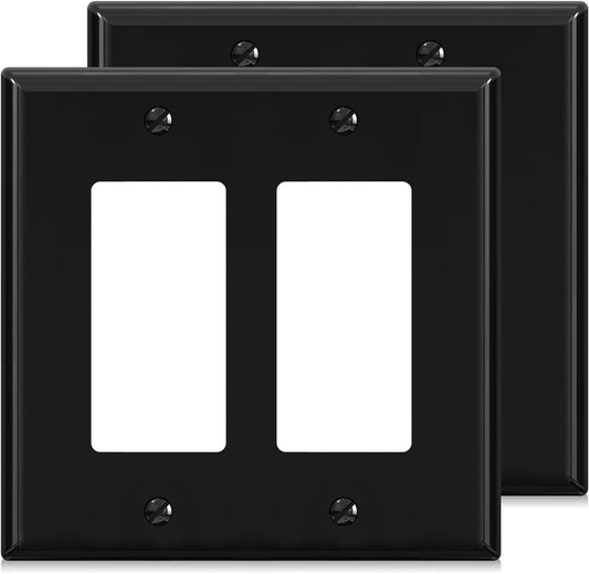 ELEGRP 2-Gang Decorative Wall Plates, Mid-Size 4.88" H x 4.94" L Unbreakable Thermoplastic Faceplate Cover for Decorator Receptacle Outlet Switch, UL Listed (2 Pack, Glossy Black)