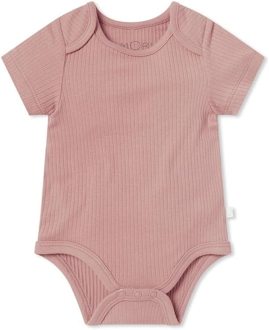 MORI Baby Ribbed Short Sleeve Bodysuit with Envelope Neck and Nickel Free Poppers - Unisex Toddler Romper for Boys and Girls