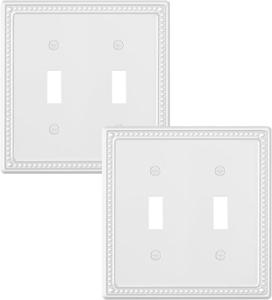 2-Pack Double Toggle Light Switch Cover Plate, Pearls Decorative Dual Switch Plate Covers, Pure White 2 Gang Metal Wall Plate, Corrosion Resistant