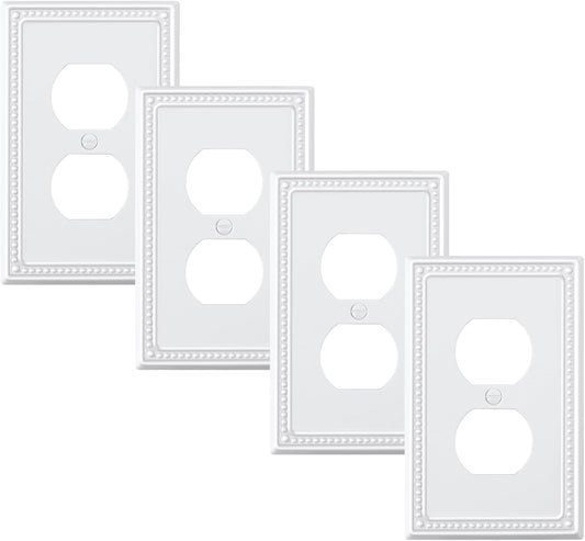4-Pack Duplex Outlet Cover Plate, Pure White Metal Wall Plates for Electrical Outlets, 1 Gang Receptacle Light Switch Cover, Pearls Decorative Switch Plates and Outlet Covers