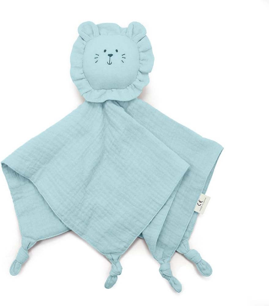 Organic Cotton Muslin Lion Loveys for Babies Baby Security Blanket Baby Snuggle Toy Newborn Essentials Must Haves(Lion-Blue)
