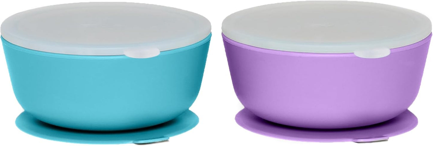 WeeSprout Suction Bowls for Baby & Toddlers (Set of 2) - 100% Silicone w/Plastic Lid - Leak Proof Feeding Supplies - Dishwasher & Microwave Safe Infant Dinnerware w/Extra Strong Base