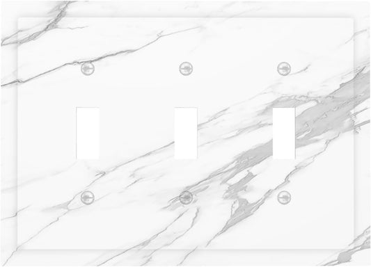 Decorative Switch Plates Modern White Gray Marble 3 Gang Wall Plate Triple Toggle Light Switch Cover Faceplate Electrical Wall Panels for living Room Bathroom Decor