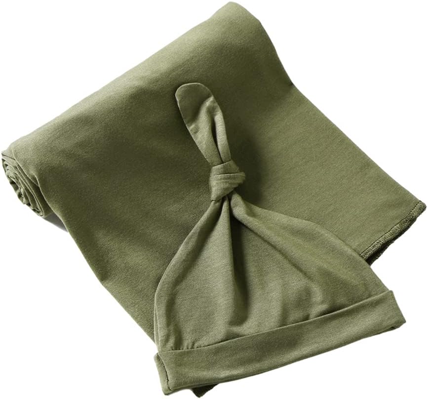 iEvolve Cotton Knitted Baby Swaddle Blanket with Hat Headband Set Newborn Swaddle Wrap Receiving Blankets for Baby Girl Boy 45" x 45"(OliverGreen)