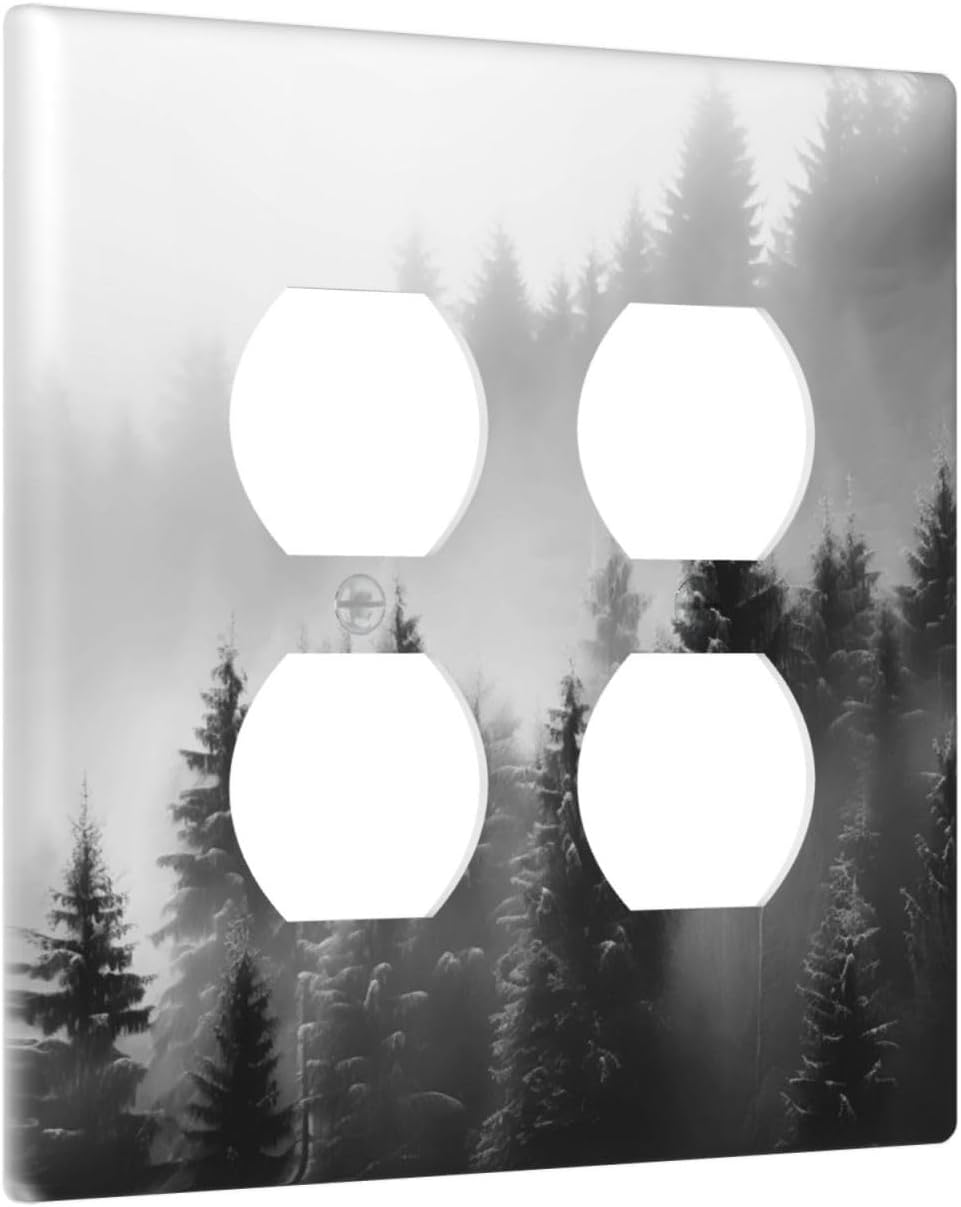 Foggy Forest Natural Scenery Retro Tree Pine Outlet Covers 2 Gang Double Duplex Decorative Light Switch Covers Electrical Wallplates Socket Faceplate for Bed Room Living Room Decor