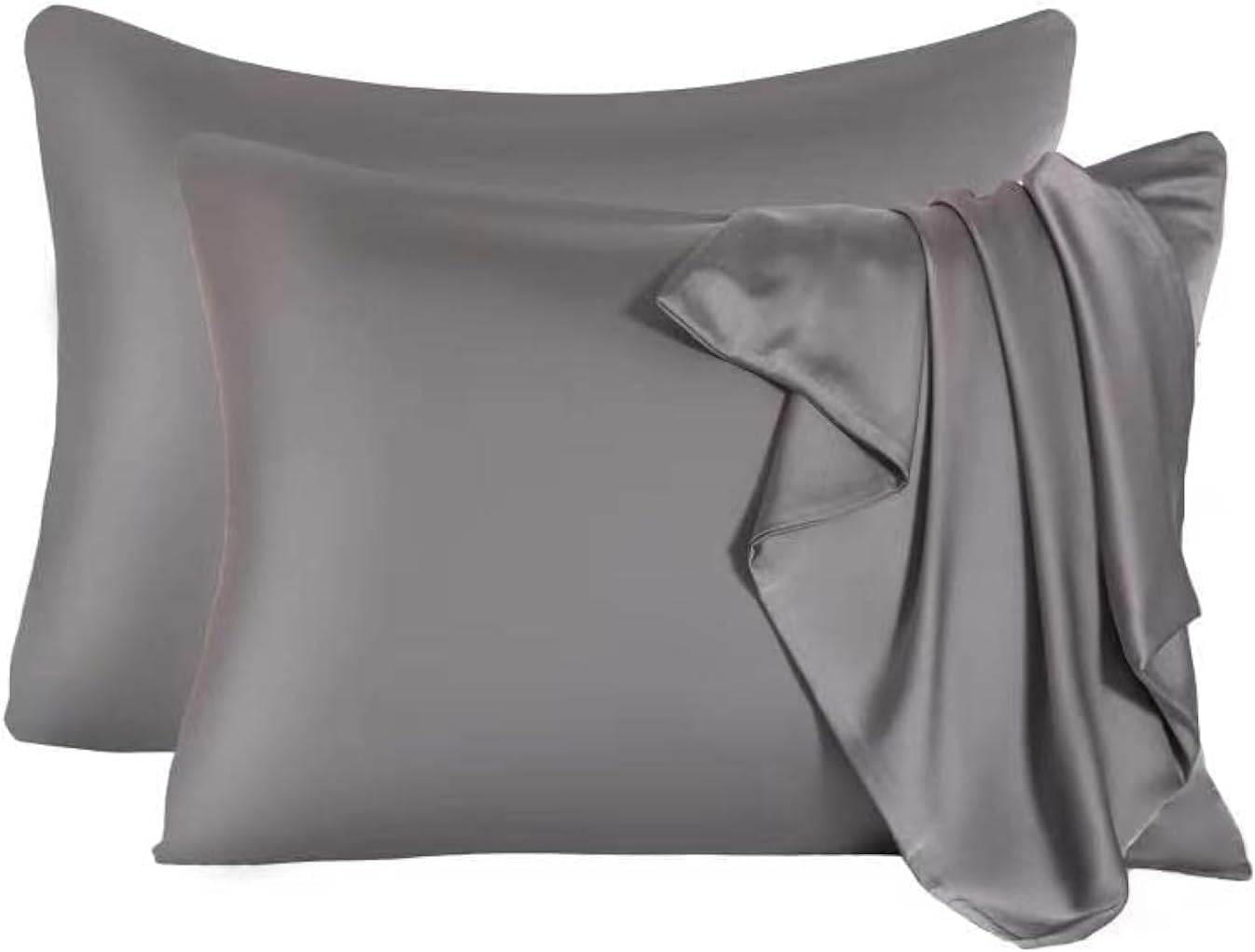 2 Pcs Mulberry Silk Pillowcase for Hair and Skin,Cooling Silk Pillow Case with Hidden Zipper,Allergen Proof Dual Sides Soft Breathable Smooth Silk Pillow Cover for Women(Queen-2PCS,Dark Gray)