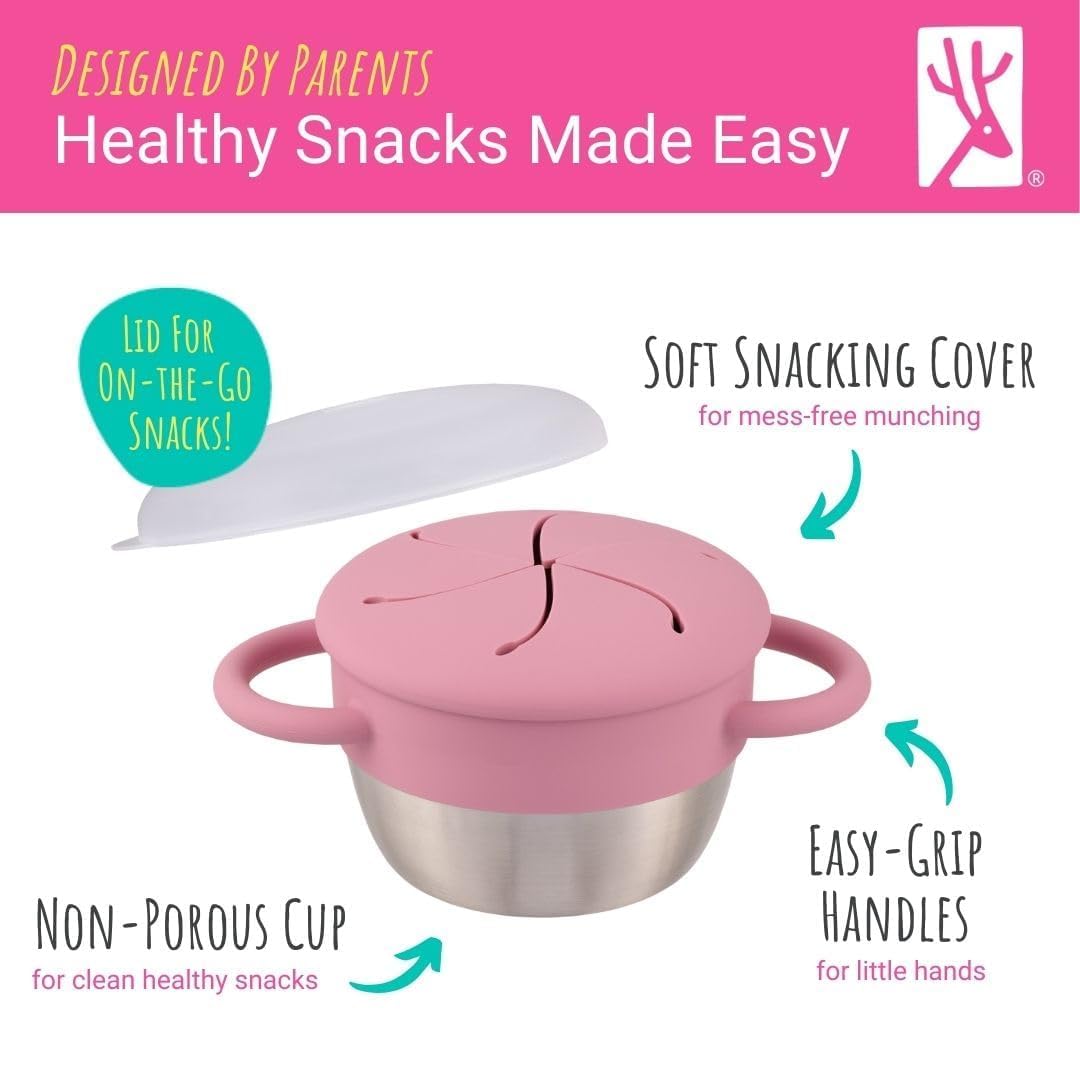 Elk and Friends Stainless Steel Snack Cups | Removable Silicone Food Catcher and Travel Lid | Spill-Proof Snack Containers for Baby, Toddler, Kids | Dishwasher Safe | 2 Pack