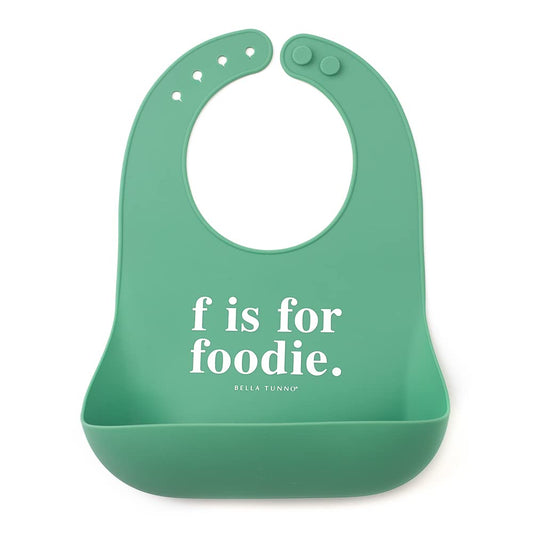 Bella Tunno Baby Bib for Eating, Waterproof Silicone Bib with Large Food Catcher, Adjustable Fit for Babies 4-12 months & Toddlers 1-3 Years, Boys & Girls, F Is For Foodie