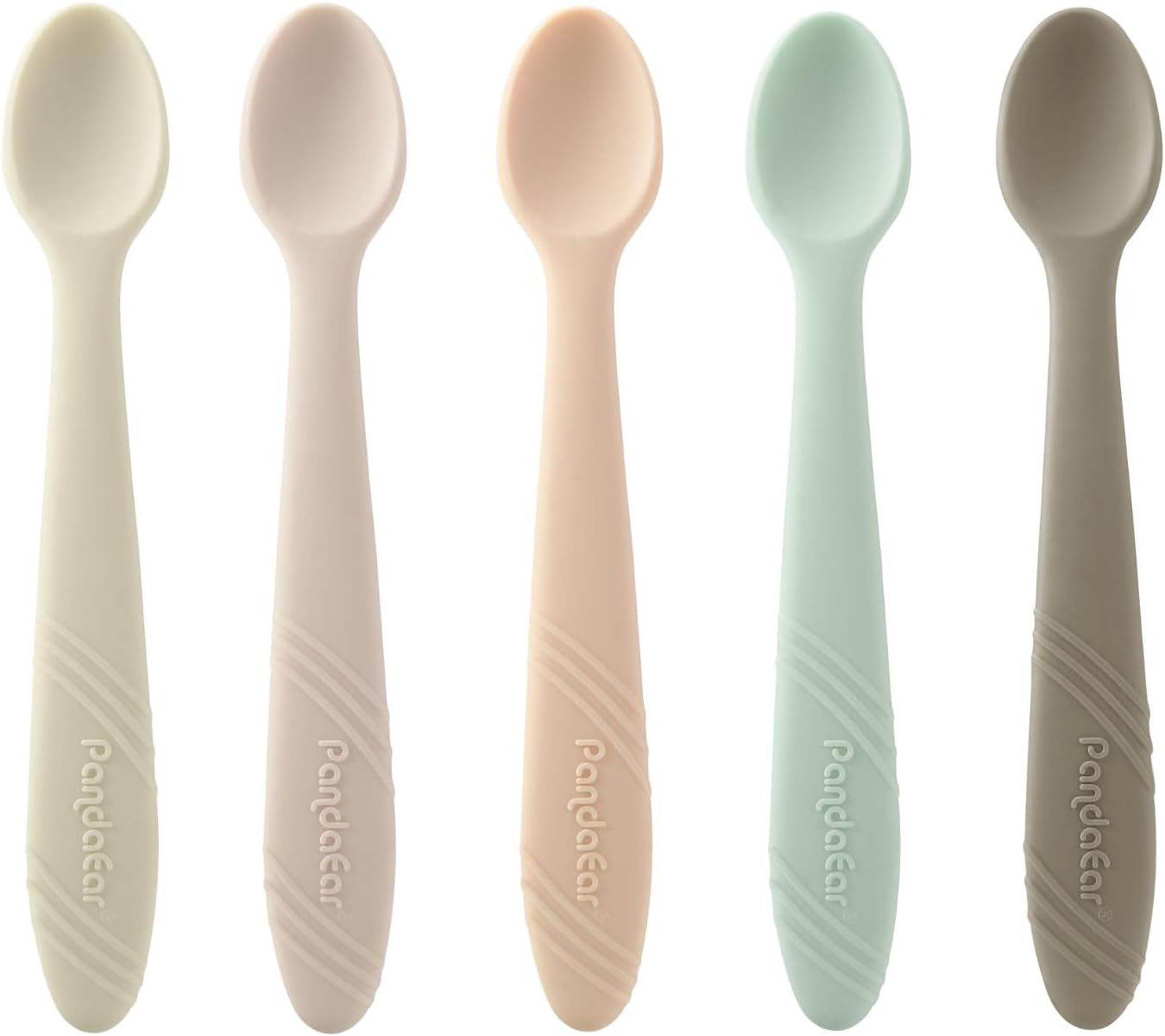 PandaEar 5 Pack Silicone Baby Spoons Self Feeding 4 6 Months, Baby Food Feeding Spoons Utensils, Gentle for Baby Led Weaning, Safe for Teething, Infant Spoons First Stage, BPA-Free, Easy to Clean