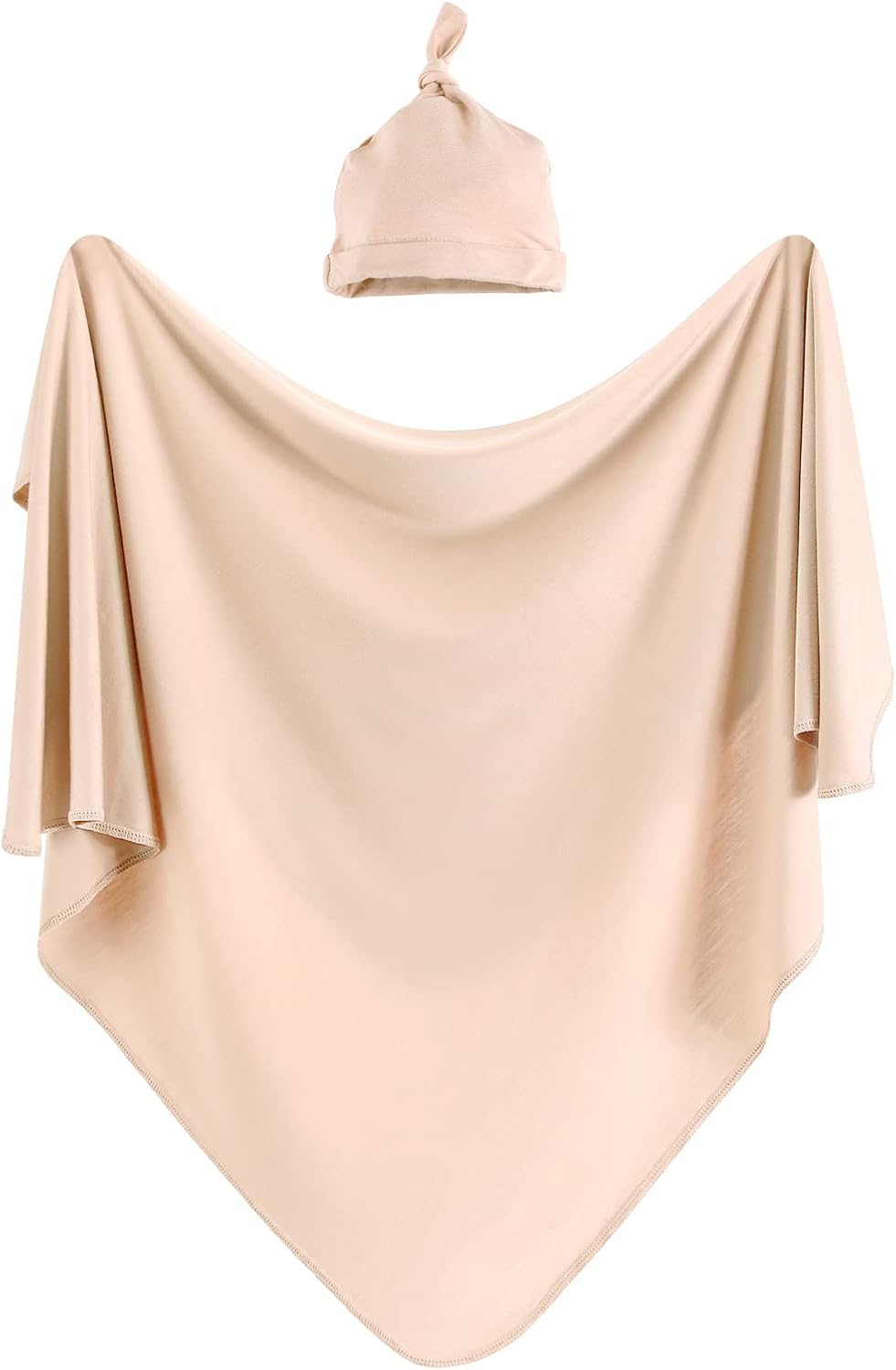 iEvolve Cotton Knitted Baby Swaddle Blanket with Hat Headband Set Newborn Swaddle Wrap Receiving Blankets for Baby Girl Boy 35" x 35"(Beige)