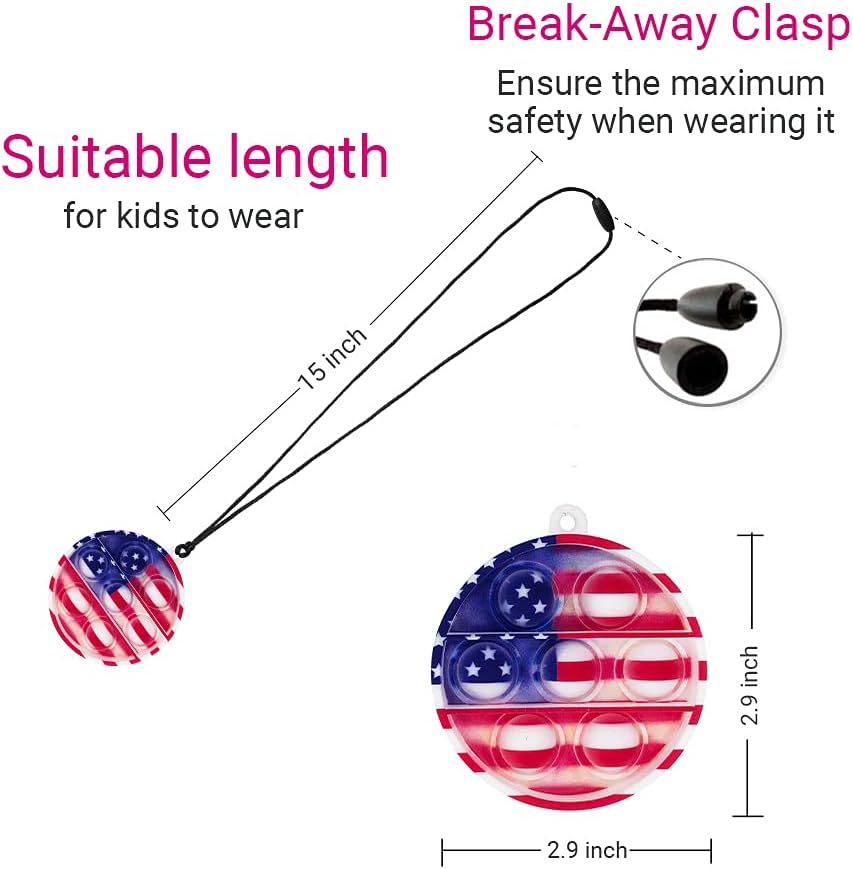 Pop It Fidget Necklace, Mini Fidget Toy Keychain, Simple Dimple Popper, Anxiety Relief Toys, Small Push Pop Bubble Sensory, Sensory Necklace Toys for Boys and Girls (American Flags)