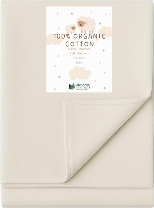 Organic Cotton Crib Mattress Protector - Water Resistant Flat Sheet Liner Pad, Skin Friendly, Chemical-Free Pure Cotton [GOTS-Certified] for Playard (38"x26") - Made in USA