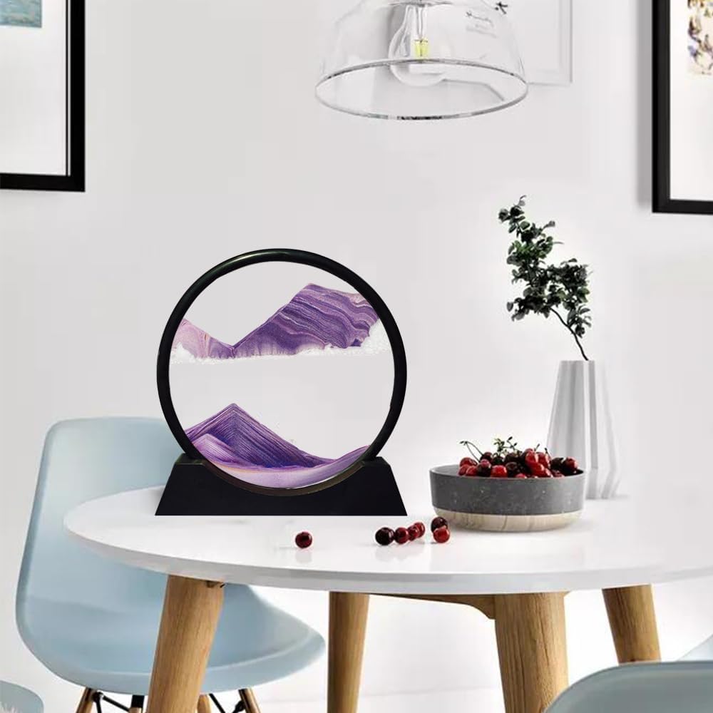 Aoderun Moving Sand Art Picture Round Glass 3D Deep Sea Sandscape in Motion Display Flowing Sand Frame Relaxing Desktop Home Office Work Decor (12", Purple)