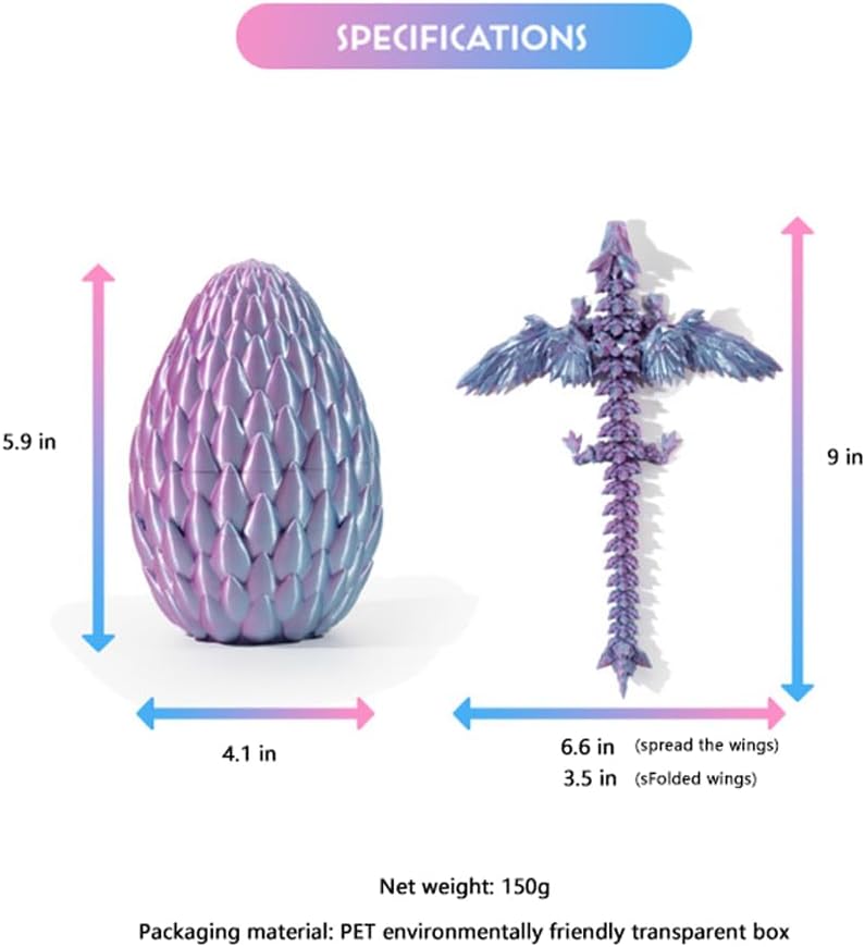 GerRit 3D Printed Dragon，Crystal Dragon，3D Printed Stuff，Dragon Fidget Toy，3D Dragon Eggs with Dragon Inside，Home Office Decoration, Administrative Desk Toys (Blue)