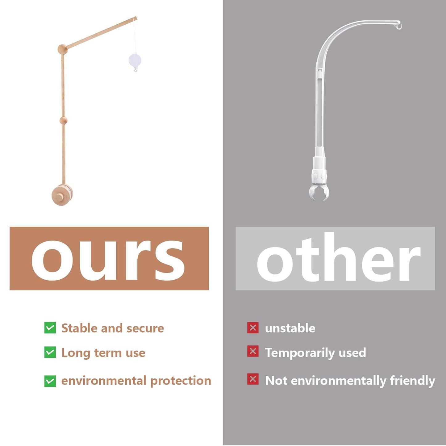 Baby Crib Mobile Arm Wooden Holder with Rotating Music Box Nursery Decor Attachment Safe Anti Slip Set for Baby Girls Boys Nursery Decor