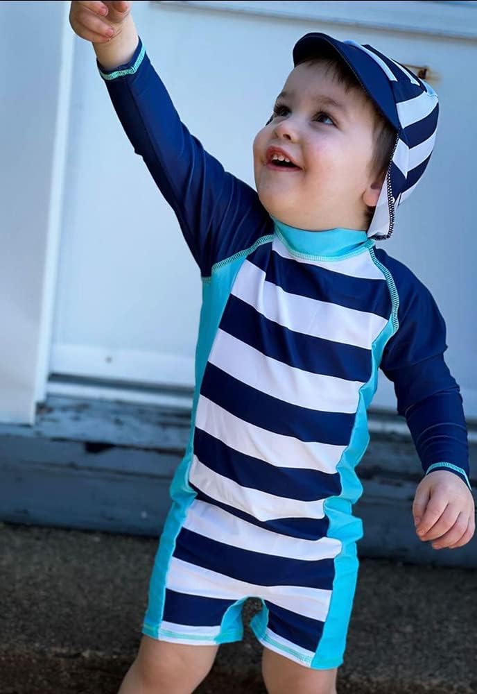 uideazone Baby Boys One Piece Swimsuit Long Sleeve UPF 50+ Rash Guard Bathing Suit Swimwear with Sun Hat 0-24 Months