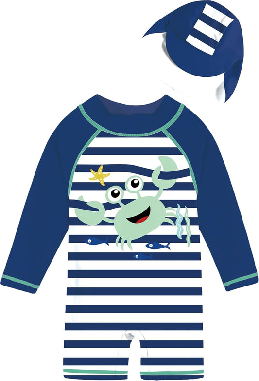 uideazone Baby Boys One Piece Swimsuit Long Sleeve UPF 50+ Rash Guard Bathing Suit Swimwear with Sun Hat 0-24 Months