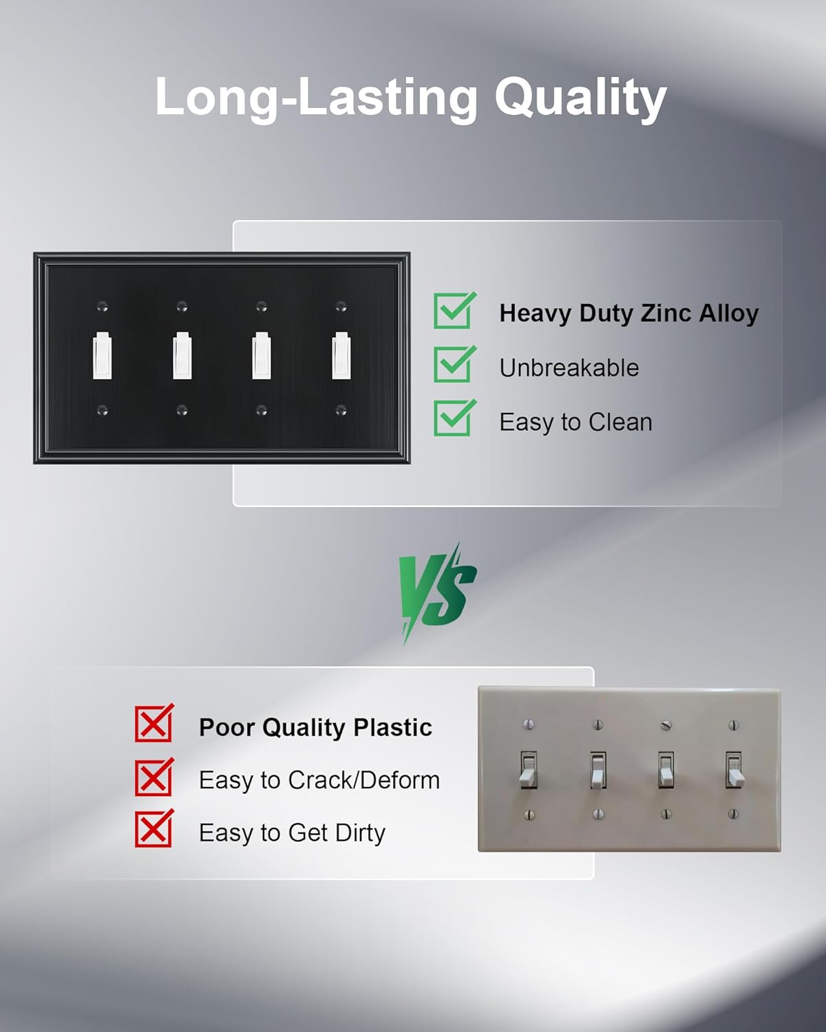 2-Pack Quad Toggle Light Switch Cover Plate, Durable Zinc Alloy Decorative Switch Plate Covers, Black 4 Gang Wall Plate for Toggle Light Switch and Rotary Dimmer Switch