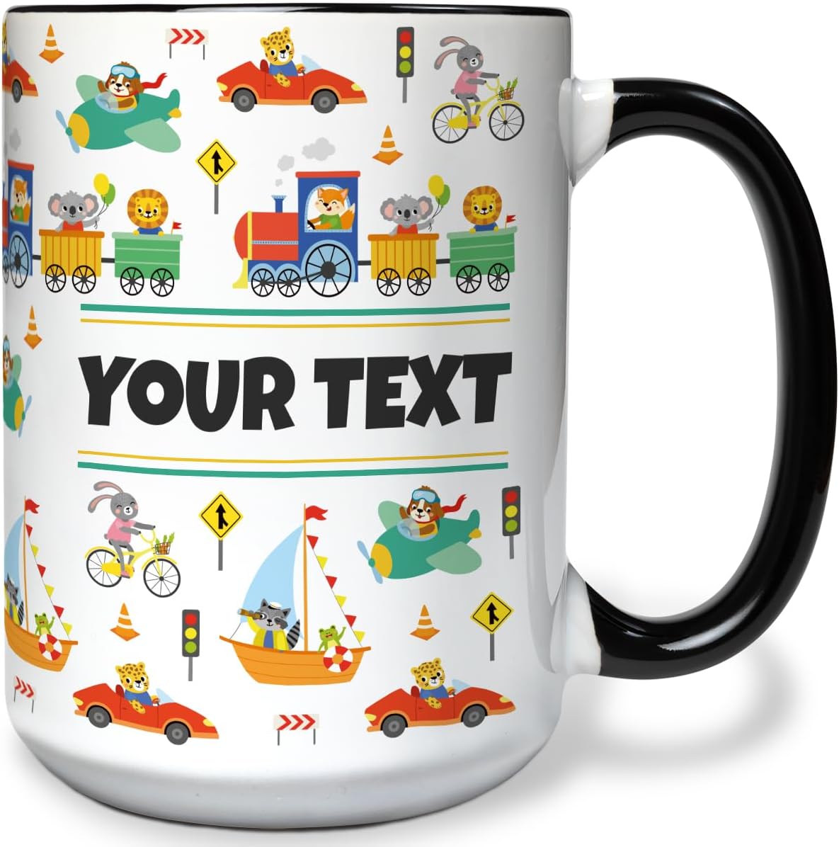 Personalized Mug for Kids - Vehicles - Custom Name/Text, Ceramic Hot Chocolate/Cocoa/Coffee Cup for Boys, Birthday/Christmas/Holiday Gift - 15 oz, Black Handle