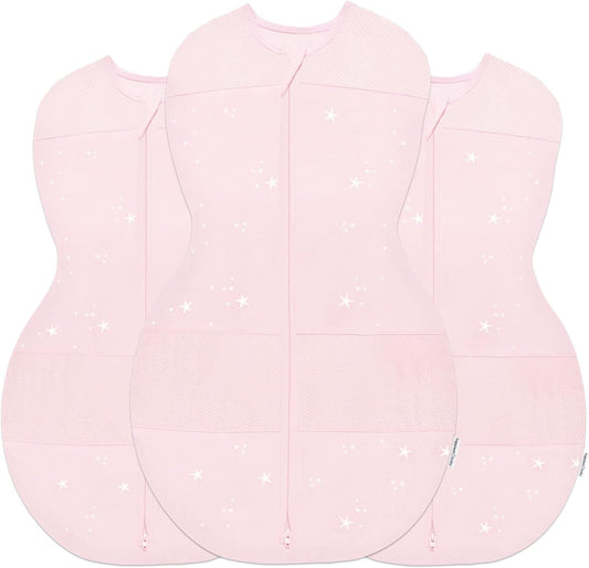 Happiest Baby Sleepea 5-Second Swaddle - 100% Organic Cotton Baby Swaddle Blanket - Doctor Designed Promotes Healthy Hip Development - 3-Pack Bundle (Rose Stars, S, M, L)