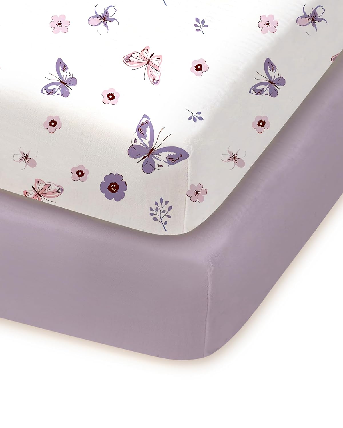Pack and Play Sheets Fitted, Soft Purple+Butterflies, Hypoallergenic, Cozy and Safe, 2 Pack for Boys and Girls