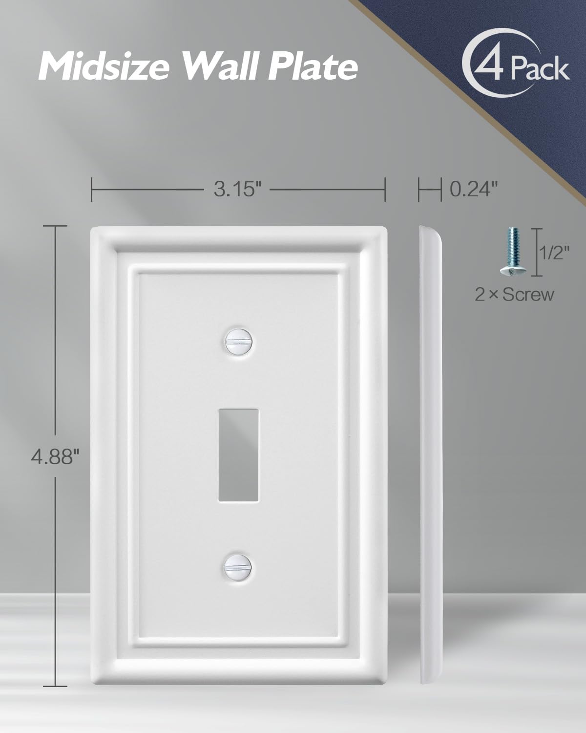 4-Pack Single Toggle Wallplate, White Light Switch Cover Plate, Metal Switch Plate Covers, 3.15''W*4.88''H, Midsize