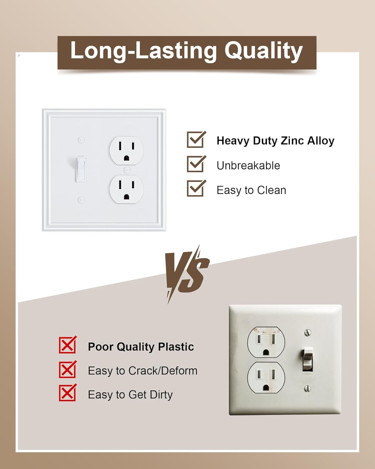 2-Pack Combo Toggle/Duplex Light Switch Cover Plate, Pure White Wall Outlet Cover Plate, Decorative Wall Receptacle Cover for Electrical Outlets, Light Switch, Durable Solid Zinc Alloy
